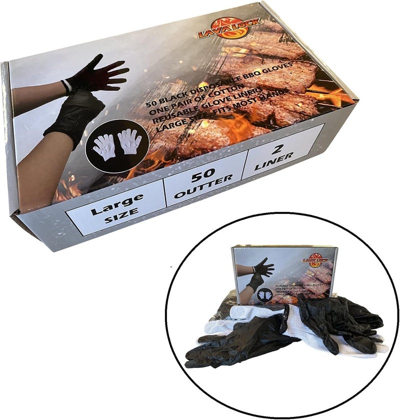 LavaLock Disposable Nitrile BBQ Gloves with Cotton Liners for Outdoor Cooking Grilling Smokers and Barbecue Competition, Chef or Kitchen use (Large 50 Count Black) - Image 1